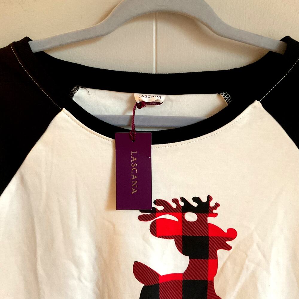 Lascana T Shirt Red & Black Buffalo Plaid Reindeer Raglan Tee New, Womens Sz L - Picture 4 of 4